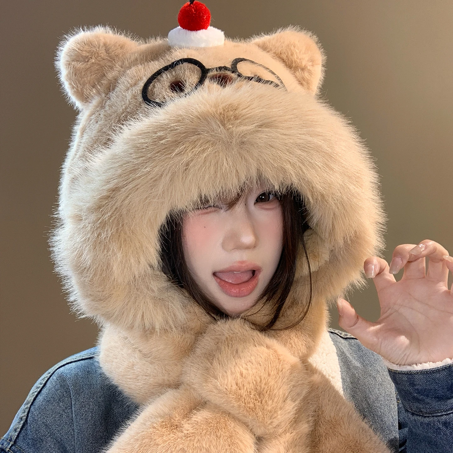 cute-cartoon-bear-plush-hat-scarf-set-women's-thickened-autumn-winter-korean-style-ear-protection-neck-warmer-hat-scarf-combo