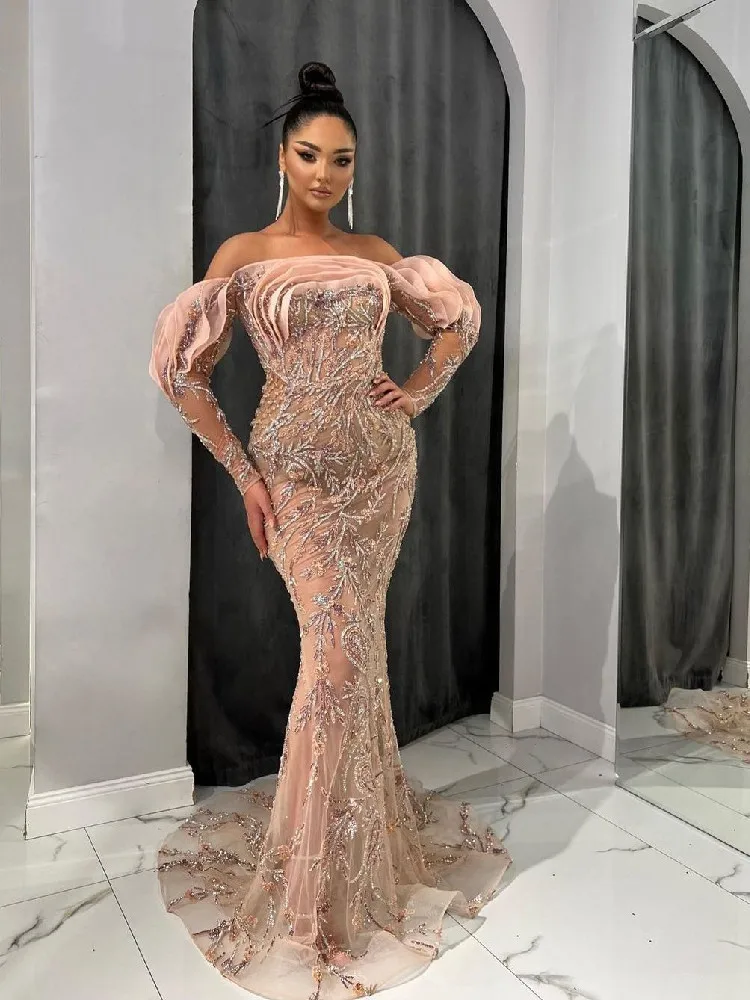 

Lusury Evening Dresses Long Sleeves Bateau 3D Lace Hollow Sequins Beaded Appliques Embroidery elebrity Prom Dresses Custom Made