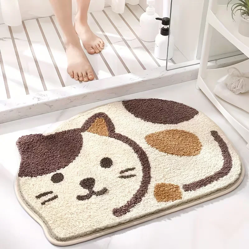 VIKAMA Orange Cat Face Semi Circle Bath Mat Warm Insulating Non Slip Bathroom Farmhouse Style Christmas Holiday Home Decor