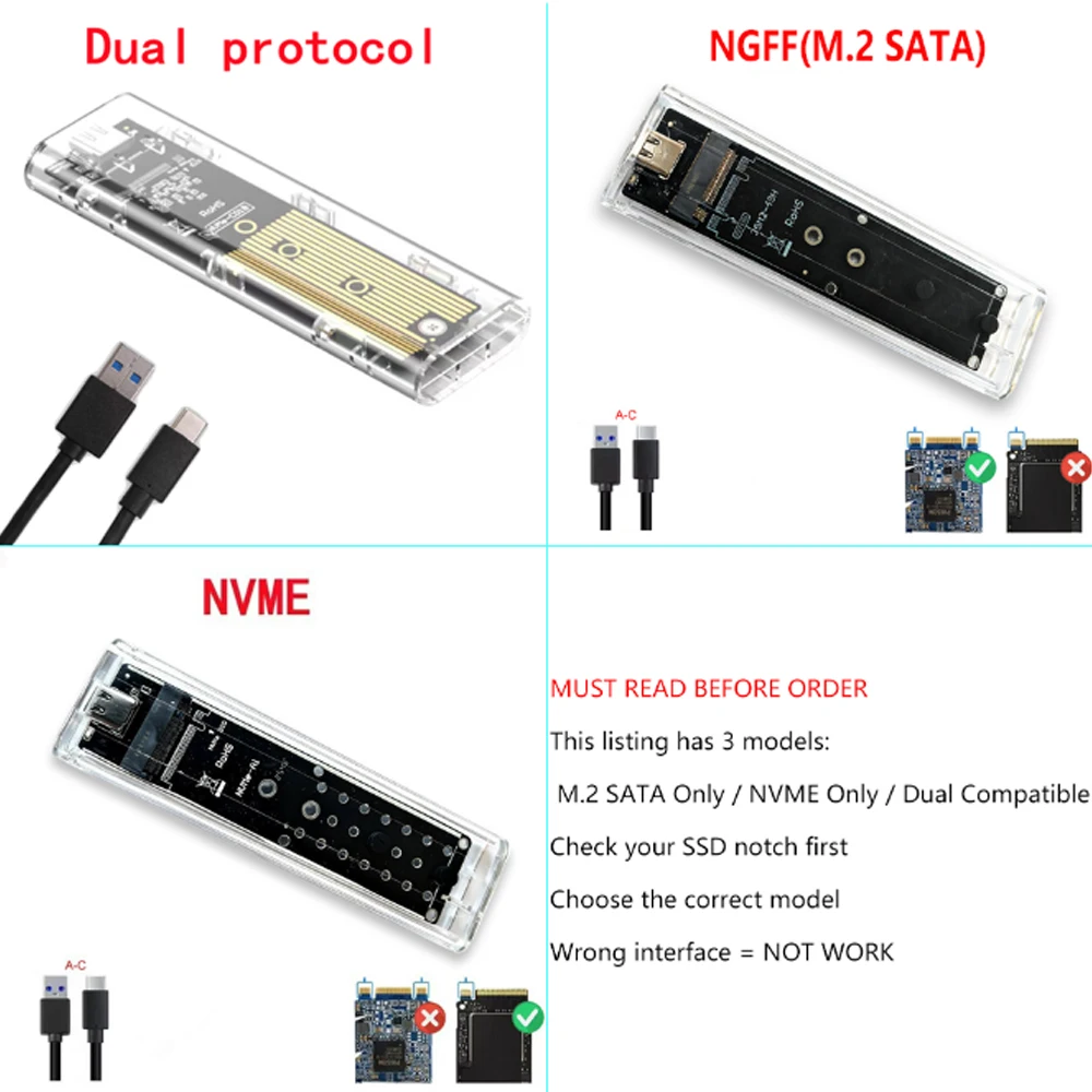 M.2 NVME PCIe NGFF SATA Dual Protocol SSD Case Clear USB Type C PCI-E M2 SSD Transparante externe behuizing Harde schijf Box