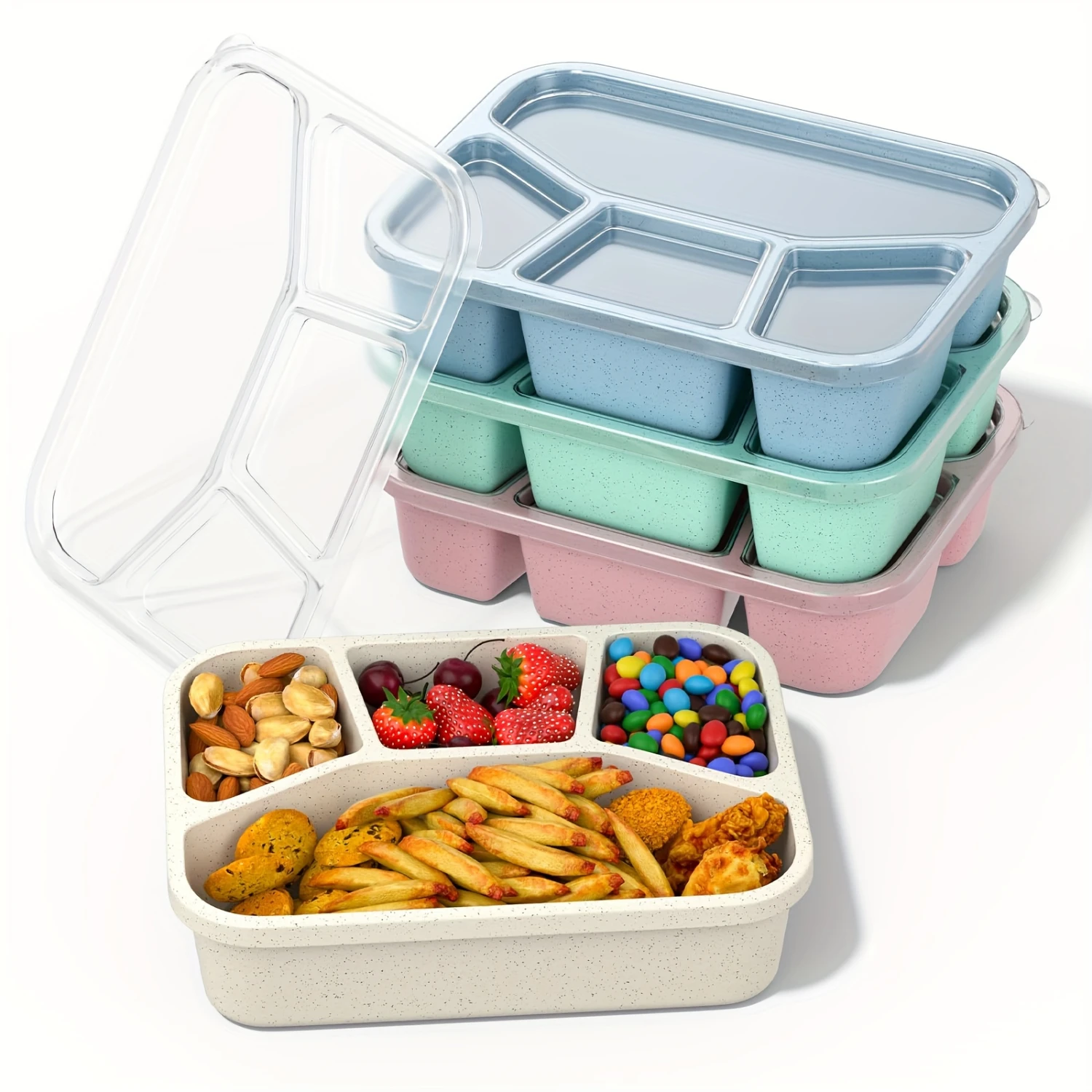 

Reusable 4-Compartment Snack Containers Perfect for School, Work, or Travel - Microwave and Dishwasher Safe - Made from Wheat S