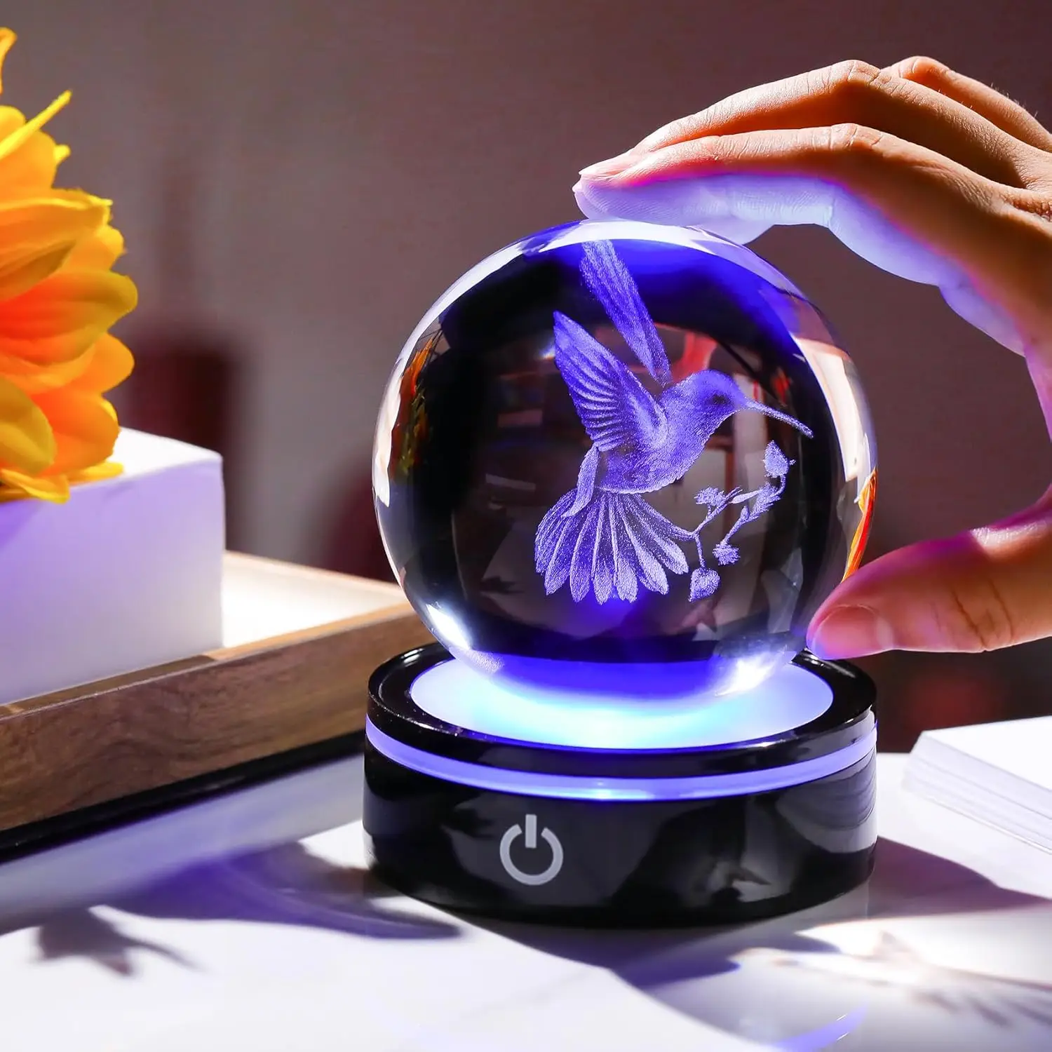 Estatueta de beija-flor com bola de cristal 3d, base de led, presentes para natal, aniversário, ornamento, bola decorativa de vidro para decoração de casa