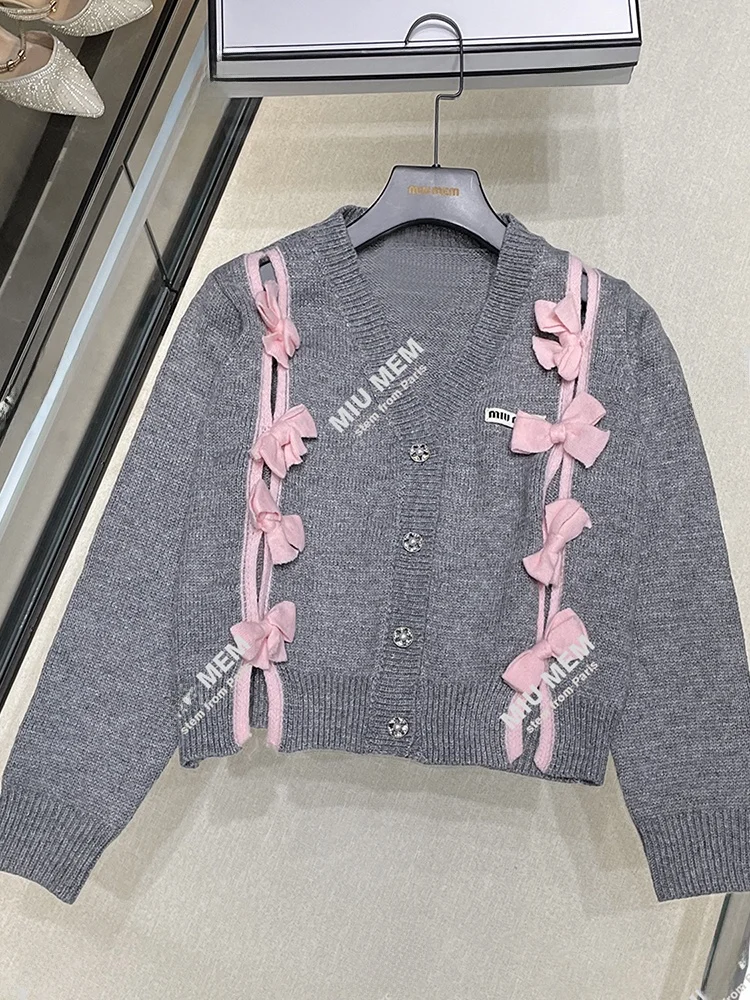 

Miumem Luxury Women's Knitted V-ne Cardigan Sweater with Bow Tie Chic Sle Long Sve ort Length Buttoned Coat for Autu...