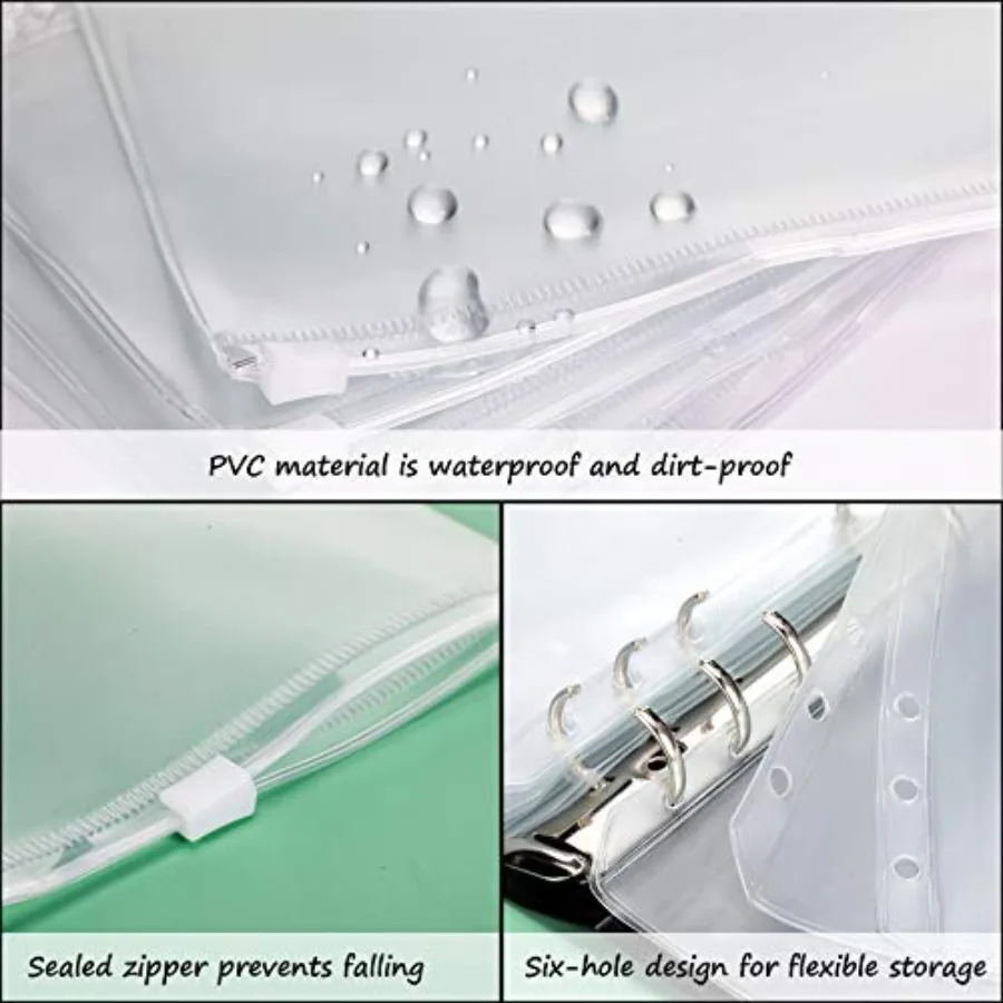 60 Packs A6 Size 6 Holes Binder Pockets Plastic Binder Zipper Folde Waterproof 6 Holes Zipper Loose Leaf Bags for Documents Not