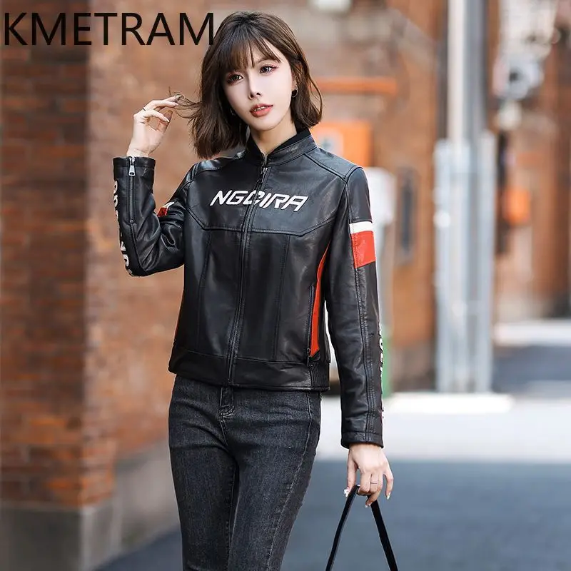 100% リアルシープスキンジャケット女性のファッションオートバイショート本革ジャケット新アウター秋服 2025 女性 정품급