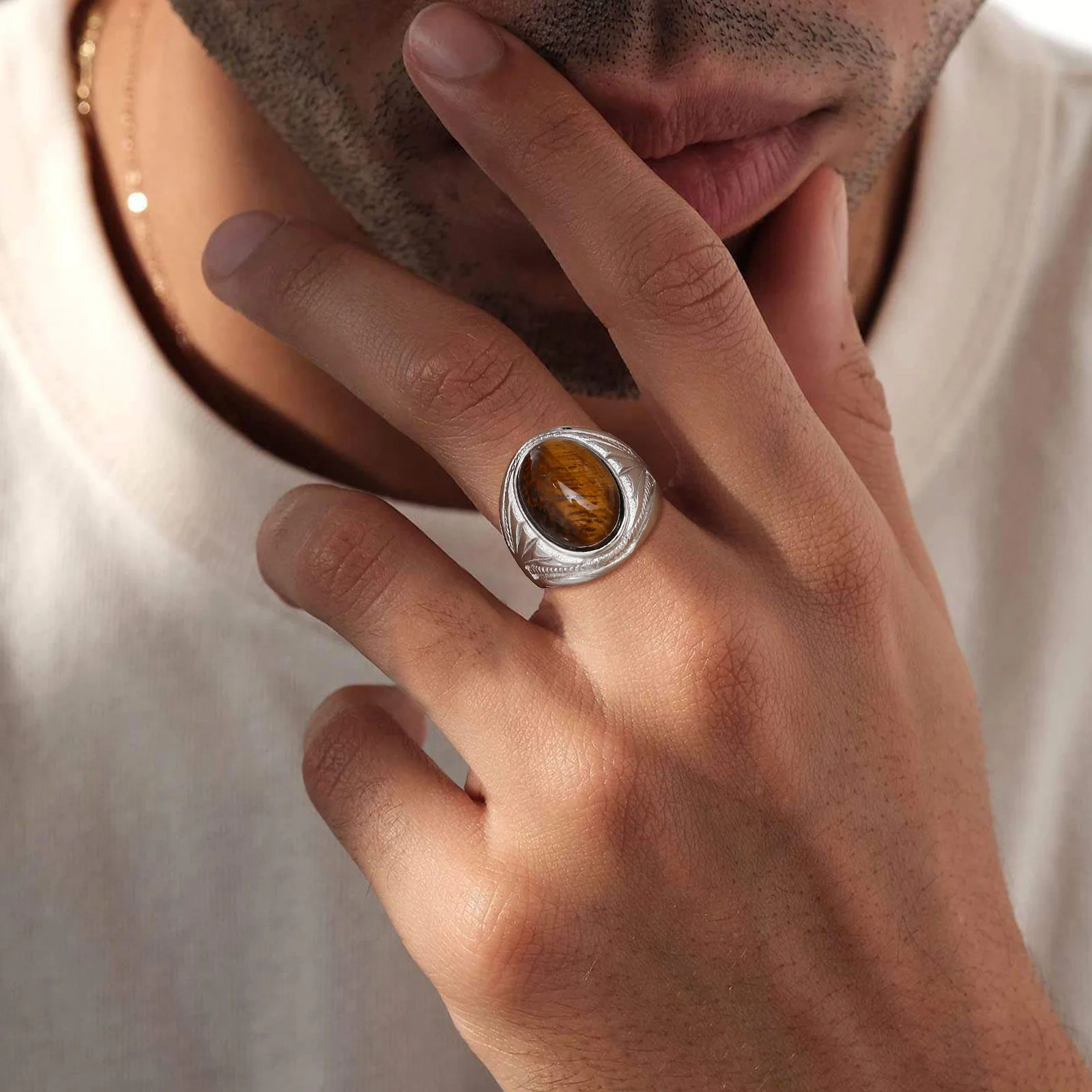 Brown Oval Rings for Men Boys,Natural Tiger Eye Stone Stainless Steel Ring,Punk Jewelry Gifts to Father Dad Husband Boyfriend