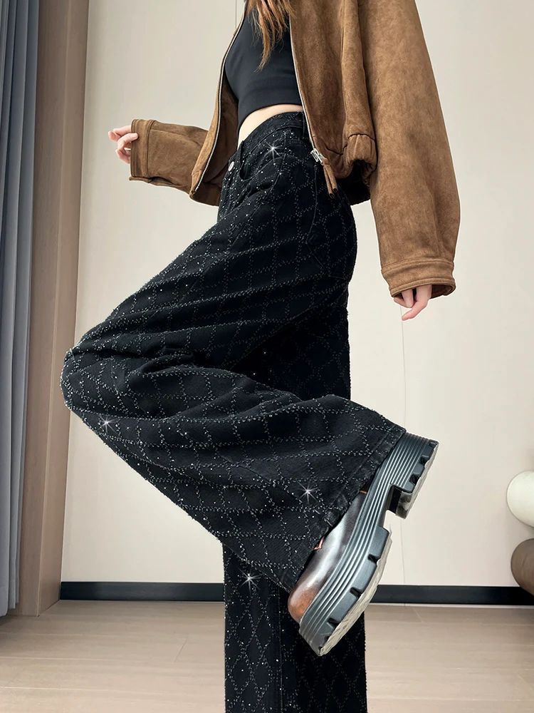 Starry Sky Sparkling Diamond Weaving Mesh Wide Leg Jeans Women in Autumn and Winter 2025 Thick Versatile Fashion Pants