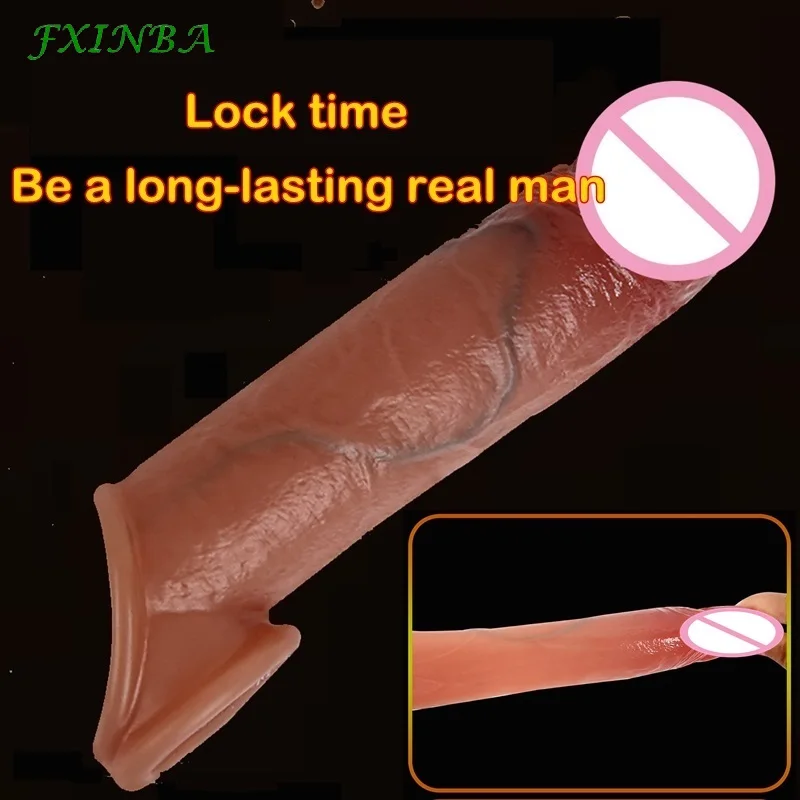 FXINBA-Manga extensora de pene de silicona realista para hombres, preservativos reutilizables para retrasar la eyaculación, juguetes sexuales para agrandar el pene, 19cm