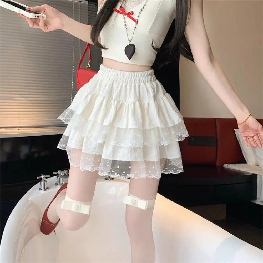ソフトドットパフィーケーキスカート女性用スイートテクスチャードレースボウノットショートスカート、安全パンツ付き、多層Aラインショートスカート、パーティー用