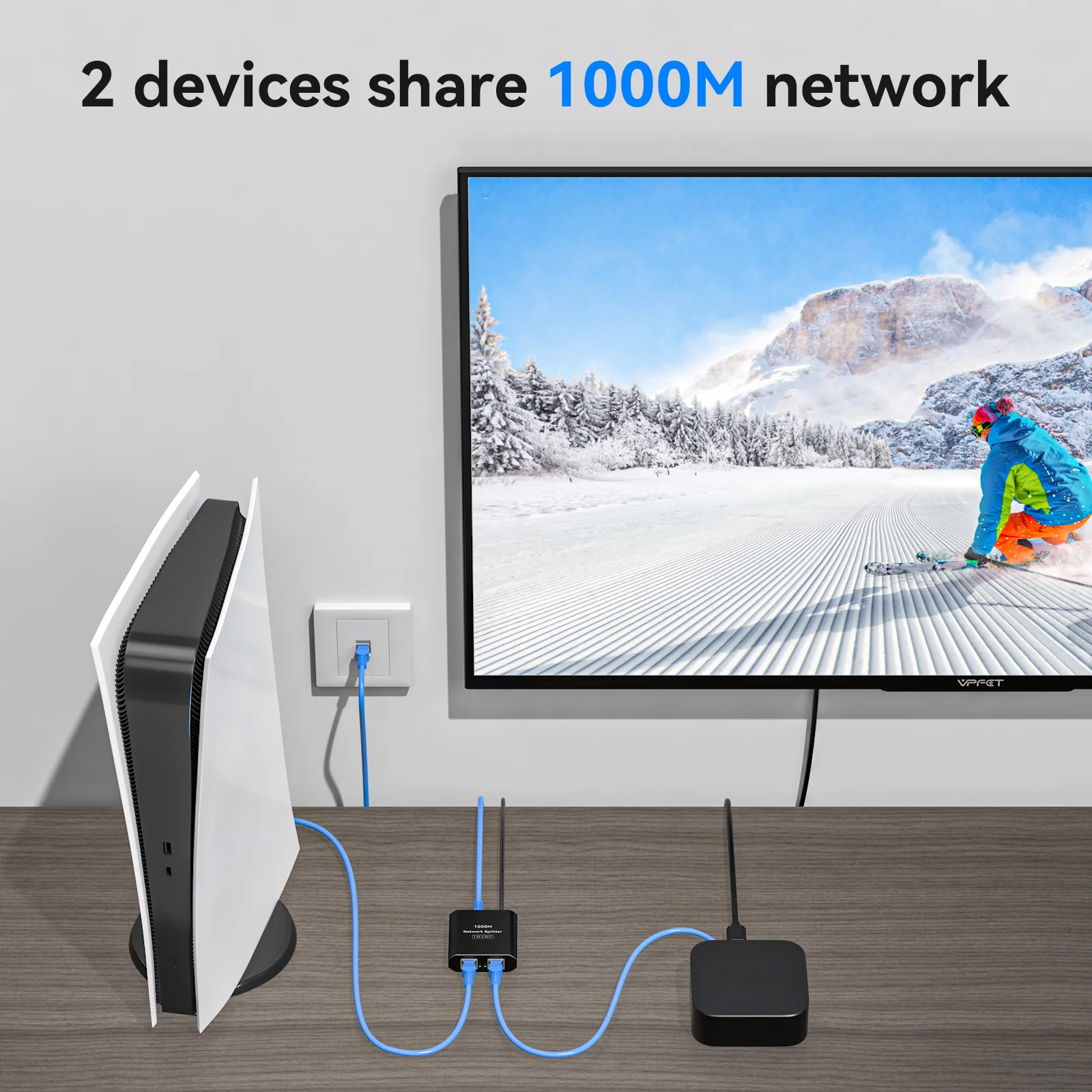 RJ45 Splitter 1 to 2 1000 Mbps Ethernet Splitter with Type-C Power Cable 1 in 2 Out Gigabit Switch Wireless Cable Switcher VPFET