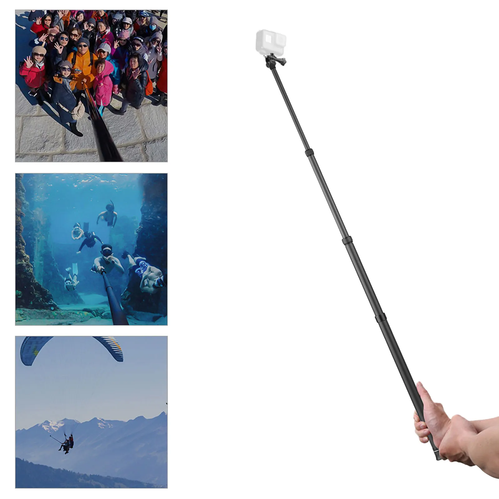 3M Carbon Fiber Selfie Stick Adjustable Extension Pole with 1/4 Inch Screw for Insta 360 Panoramic Camera Action Camera