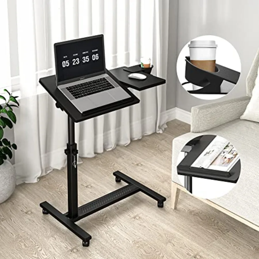

Overbed laptop stand for hospital home office use; aluminum alloy; black; height adjustable dual tilting desktops cup holder mo
