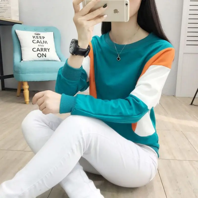 Fashion O-Neck Spliced Loose Korean Blouse Women\'s Clothing 2023 Spring New Casual Pullovers Long Sleeve All-match Shirt