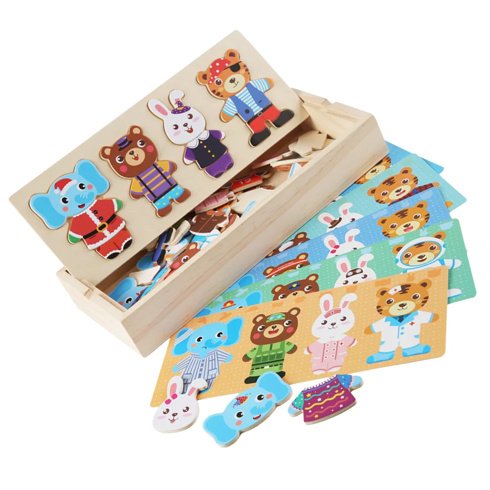 Wooden Animal Dress Up Puzzle Toy High Grade Wood Material Kids Educational Toy Hand Eye Coordination Pretend Play Set No Tools