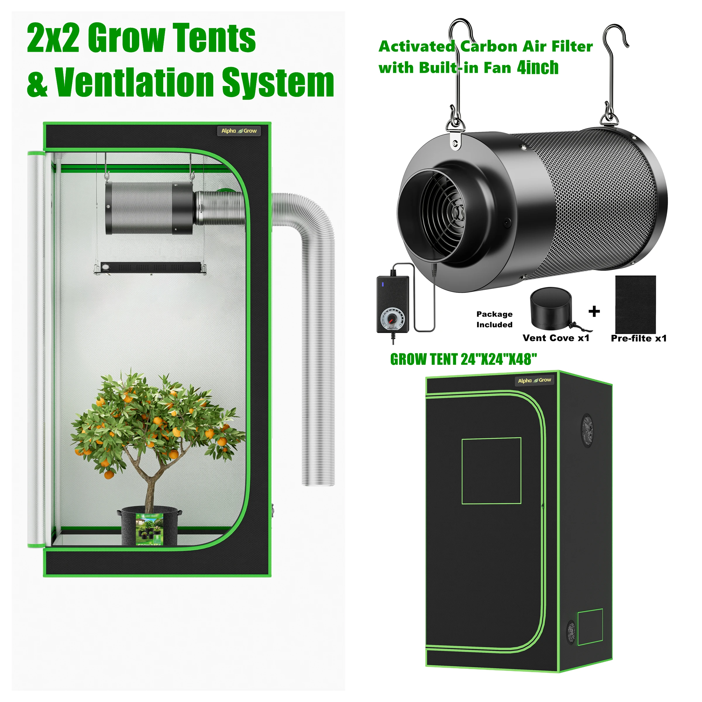 

ALPHAGROW Fan-Filter Combo Grow Tent Kit - 4 Inch Inline Charcoal Unit With Speed Controller & Dual Flanges,2x2 Tent 24"x24"x48"
