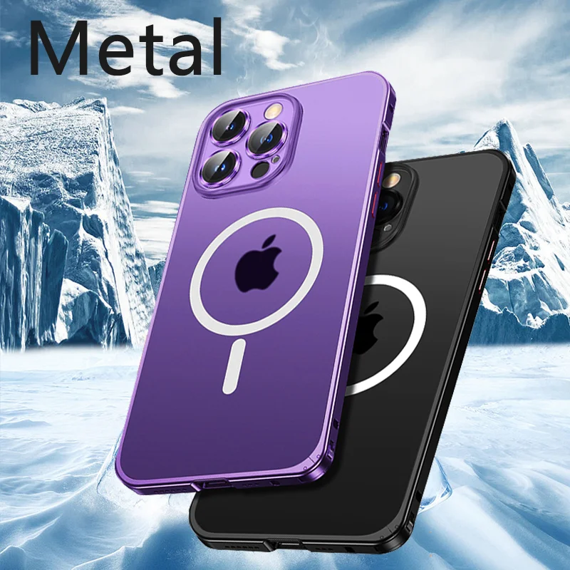 

Magnetic Metal Phone Case For Iphone12 13 14 Pro Max Plus Aluminum Frame With Lens Protection Simple couple all inclusive bumper