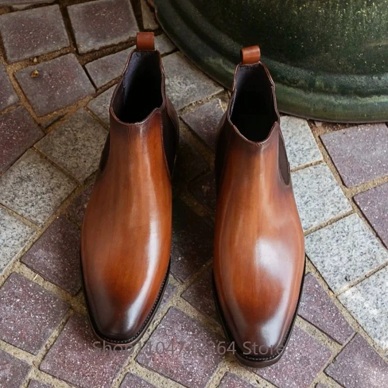 Handmade Shoes Men's High-end British Thick Soled Chelsea Boots Male Genuine Leather Formal Square Toe High Top Ankle Boots