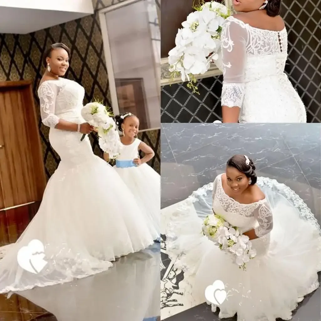 Vestidos de novia africanos personalizados de talla grande, media manga, Apliques de encaje con hombros descubiertos, vestidos de novia de sirena con botones cubiertos personalizados