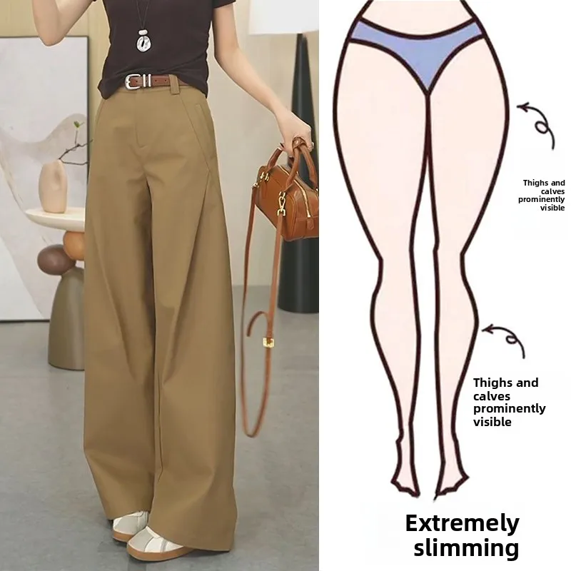 

Khaki Casual Pants Women's High Waist Wide Leg Pressed Pleat Design Straight Cut Loose Fit Trousers Autumn New Style plus Size