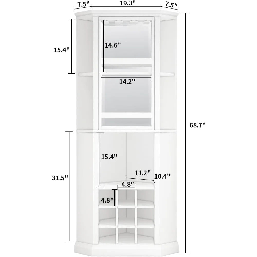 VOWNER Corner Wine Cabinet with Rotating Glass Wine Rack, Farmhouse Bar Storage Cabinet with Cup Holders, Home Bar Cabinet for