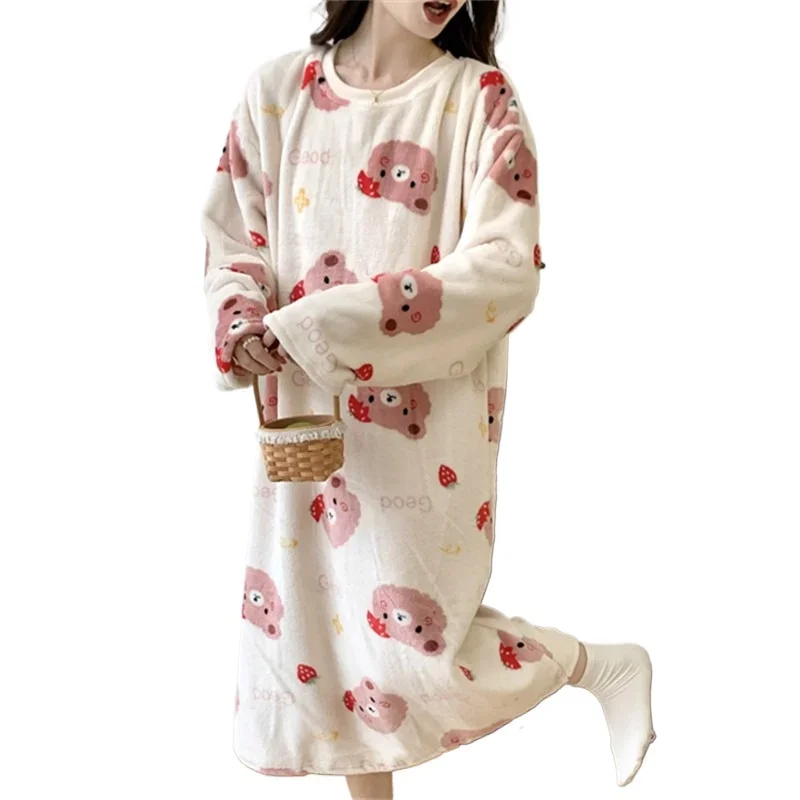 Coral Velvet Nightgown Female Autumn and Winter Thickened Flannel Flannel Cartoon Pajamas in the Long Section of Warm Sleepwear