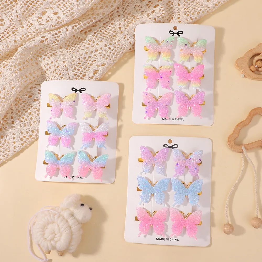 6-teiliges Set Pailletten-Schmetterling-Haarspangen für Mädchen Exquisite Schleifen-Haarklammern Farbverlauf Schmetterling-Haarnadeln Seitliche Haarspangen Großhandel