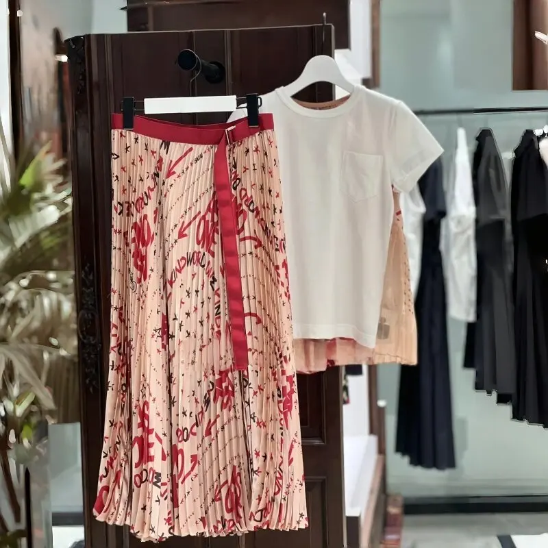 SAC Japanese 2026 summer print pattern pleated skirt elastic waist mid-length skirt