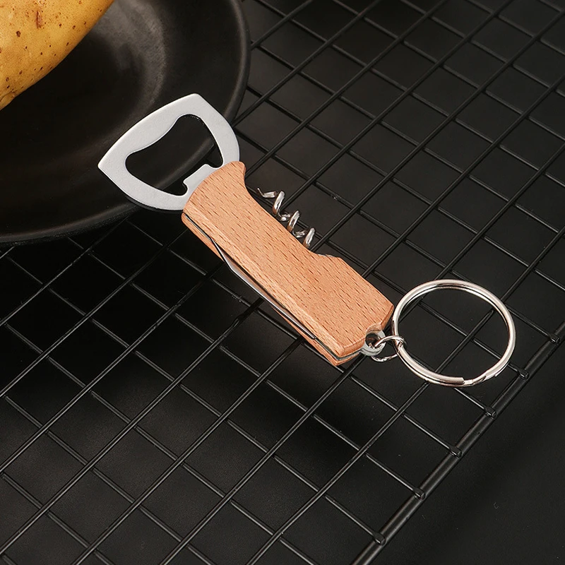 

1Pcs Multi-Functional Portable Beer Bottle Opener with Keychains Metal Beech Wood Wine Corkscrew Opener Can Opener Mens Gift