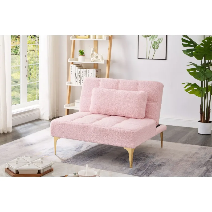 

Convertible single sofa bed futon with gold metal legs teddy fabric Pink