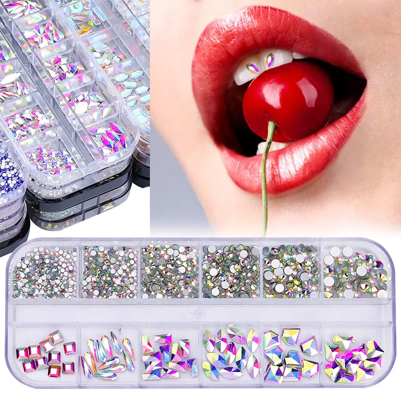 12-Grid Dental Tooth Gems Crystal Ornament Diy Tools Various Shapes Color Teeth Jewelry For Denture Acrylic Dental Acc