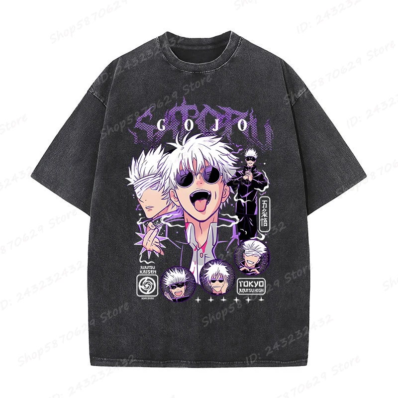 

Gojo Satoru T-Shirt Jujutsu Kaisen Anime Washed T-shirts Short Sleeve Vintage Cotton Washed Tees Women Men Anime Fans Tshirt