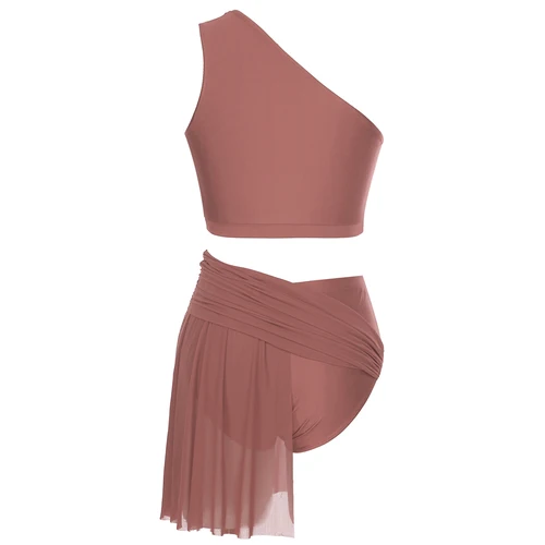 Imagen 2 del producto Conjunto de danza lírica para mujer, trajes contemporáneos modernos, Top corto de un hombro con falda de malla, bragas de leotardo, traje de Ballet