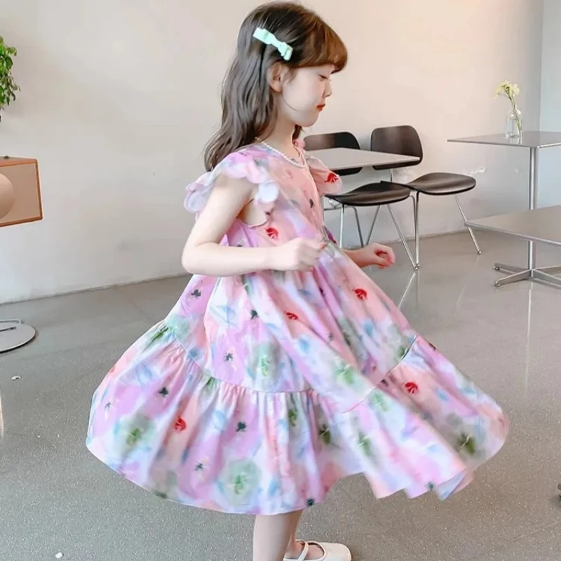 Girls New Dress Summer Fashion Sweet Floral Skirt Big Children Princess Dress Summer Trend Flower Girl Dresses for Weddings 4-6Y