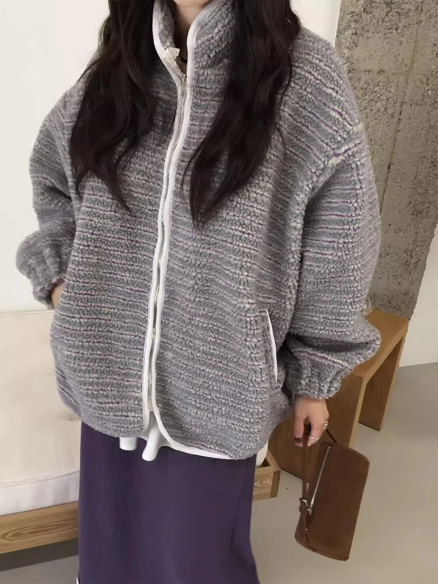 الرجعية مكافحة الشيخوخة اللون بلو تقليم فرو الضأن القطن Jaet المرأة فضفاضة الشتاء الدافئ ملابس خارجية طويلة Sve سستة إغلاق #2