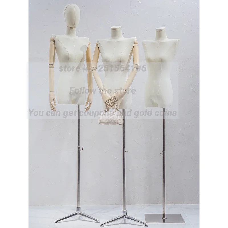 Full Female Head Mannequin for Women, Wood Arm Color, Metal Base, Flat Chest, Shoulder, Adjustable Rack, D402, High Quality