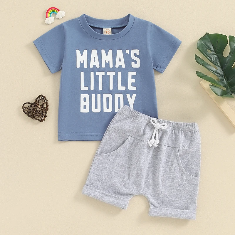 

SUNSIOM 2Pcs Baby Boy Summer Outfits Short Sleeve Daddy/Mama's Letter Print T-Shirt + Rolled Shorts Set Infant Clothes