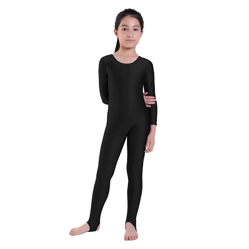 AOYLISEY Girls Dance Gymnastics Long Sleeve Unitard for Kids Jumpsuits Stirrup Show Stage Wear Zentai Childrens Unitards