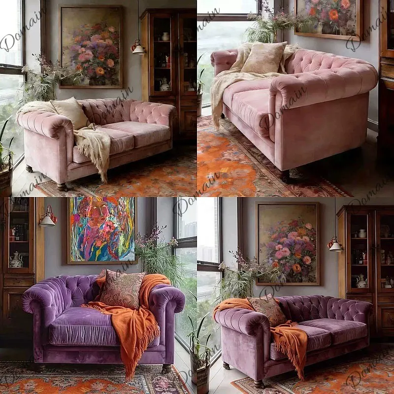 American Feather Sofa Straight Row Tufted French Vintage Purple Velvet Fabric Hotel Photo Prop