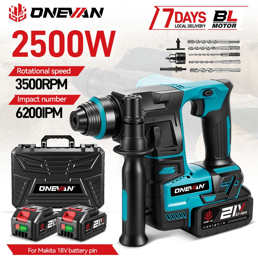 ONEVAN 2500W Bürstenloser Elektrohammer, kabellos, tragbar, Schlagbohrmaschine, multifunktionales Elektrowerkzeug für Makita 18V Akku