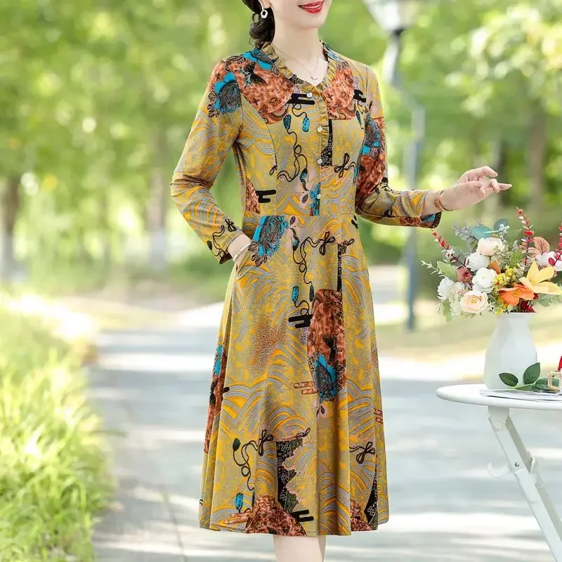 

Spring Autumn Long Sleeved Cheongsam Skirt Fashion Printing V-Neck Ruffles Button Patchwork Pockets Mid Length Dress for Women