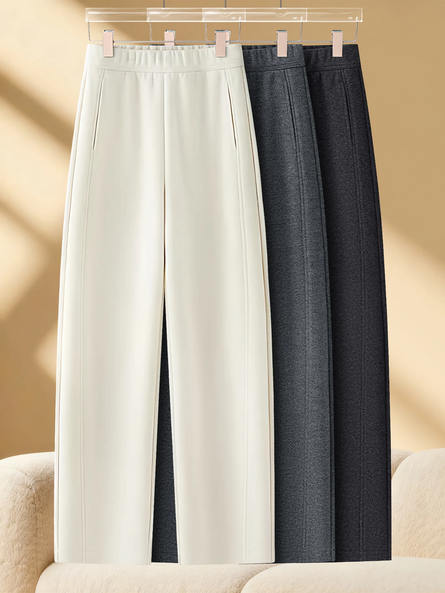 

High Waist Wide Leg Fleece Lined Woolen Knife Pants Women's Autumn Winter Loose Drapey Casual Straight Leg Sweatpants