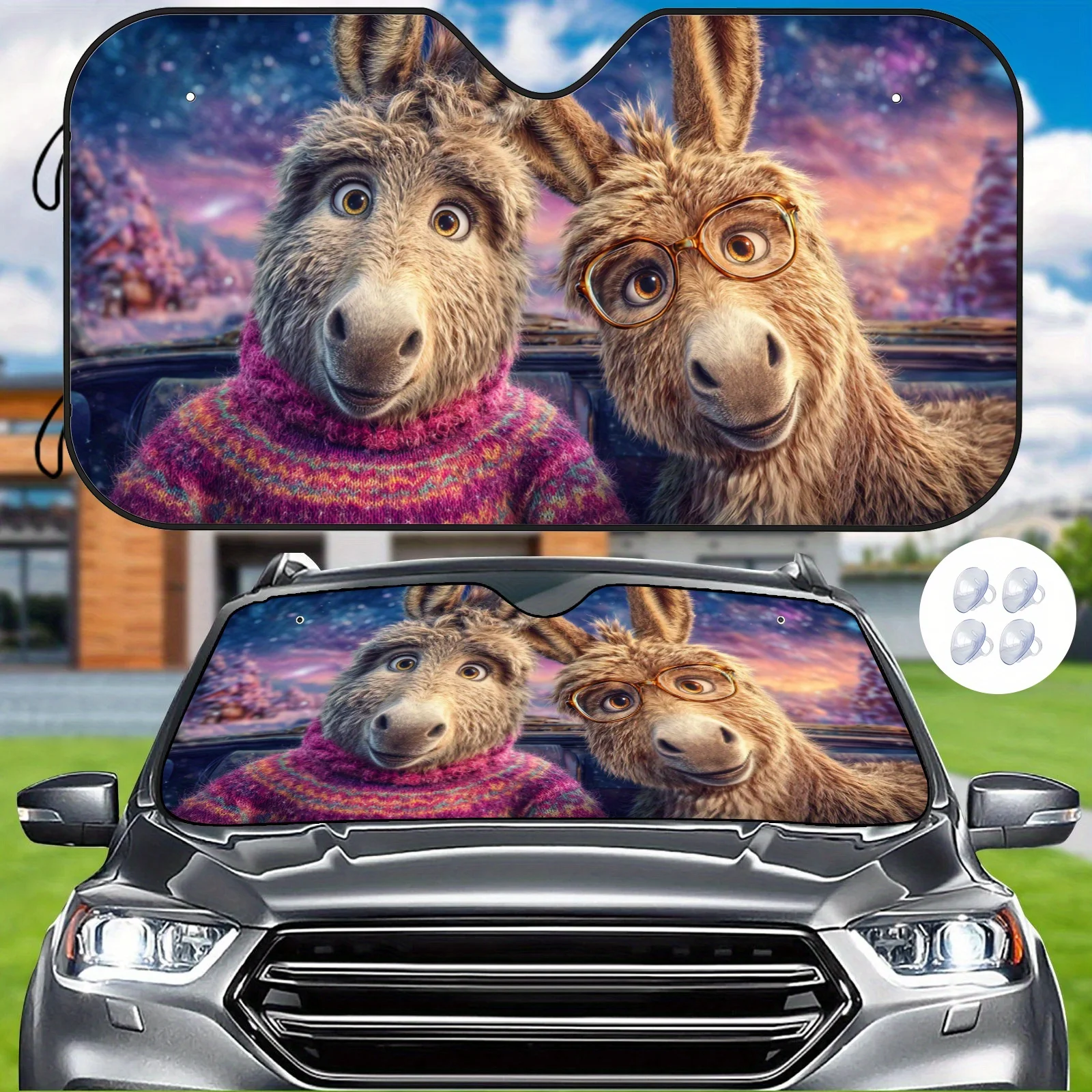 Fantasy Cactus Car Sunshade With Colorful Hat And Fashion Glasses Design, Heat Insulation & Temperature Balancing, Includes Inst