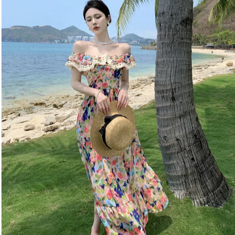 Summer Long Printed Dr Women's Beach Vaion One-oulder Floral Oil Painting Print A-Line Gown High Waist Svel
