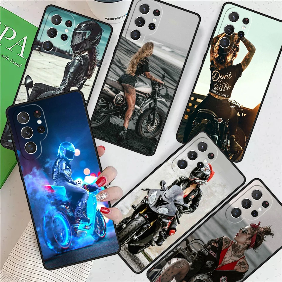 Motorcycle girl Sexy tattoos For Samsung Galaxy S24 Ultra S21 S22 S8 S9 S10E Note 10 20 Plus FE S23 Phone case Cover Coque