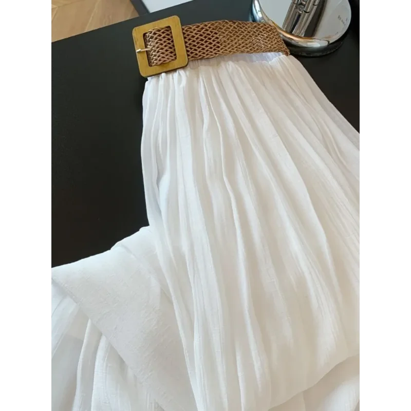 Witte ijszijde katoenen linnen rok voor dames Dunne luie ontspannen gevlochten riem Ontwerp A-lijn lange rok