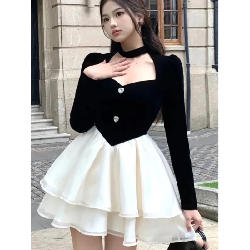 Y2k mini vestido de princesa feminino veludo retalhos em camadas babados a linha outono primavera elegante vintage festa à noite vestidos mujer