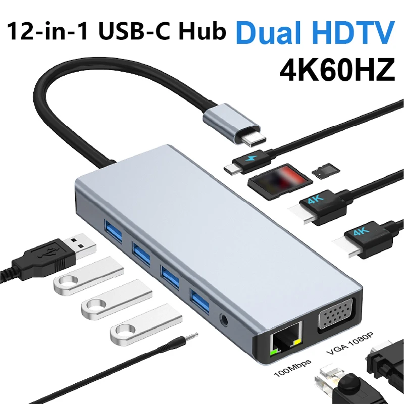 

USB-хаб 12-в-1 с двумя портами 4K HDTV (один 60 Гц / два 30 Гц), VGA, LAN 100 Мбит/с, аудиовыходом, PD 100 Вт, SD/TF и 4 портами USB 2.0 для ноутбука