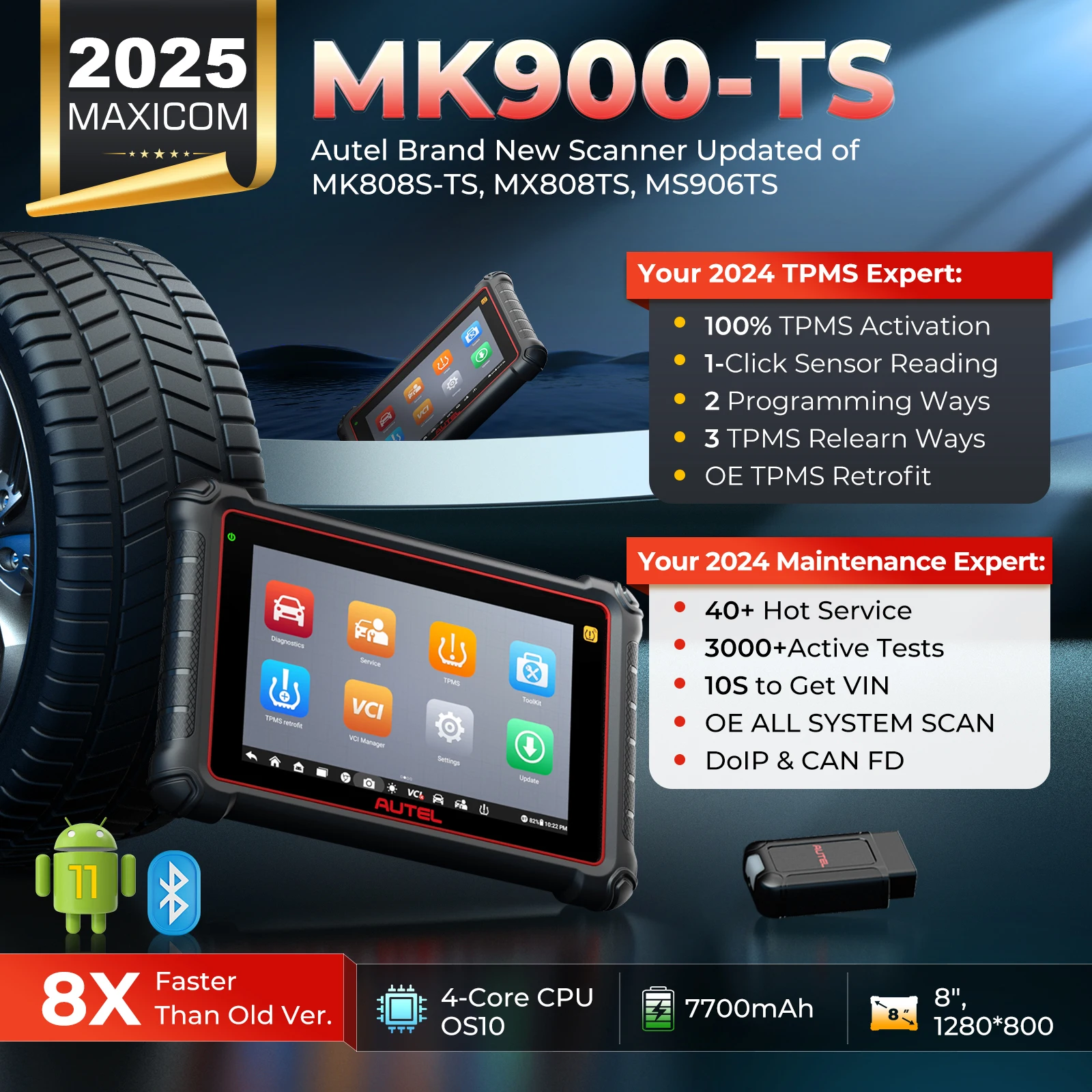 Autel MK900TS MK900-TS TPMS Diagnostic Scanner DoIP/CAN FD 2025 Automotive Scan Tools PK MK808X-TS