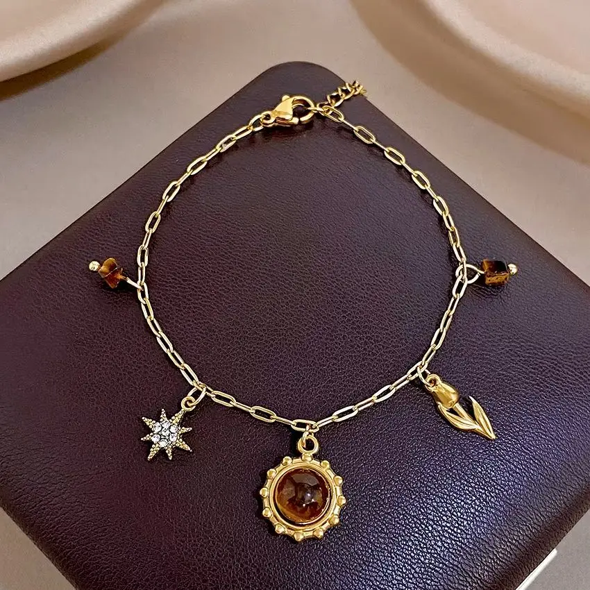 Trendy Stainless Steel Thin Chain Bracelet Women Retro Inlaid Tiger Eye Stone Sun Star Flower Pendant Bracelet Anti-fade Jewelry