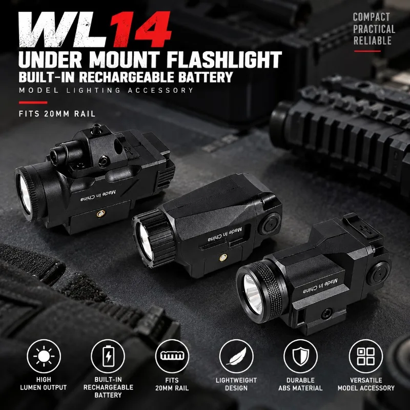 WL14 20mm Rail Mount Model Flashlight, Built-in Battery High Lumen Hobby Lighting Supply
